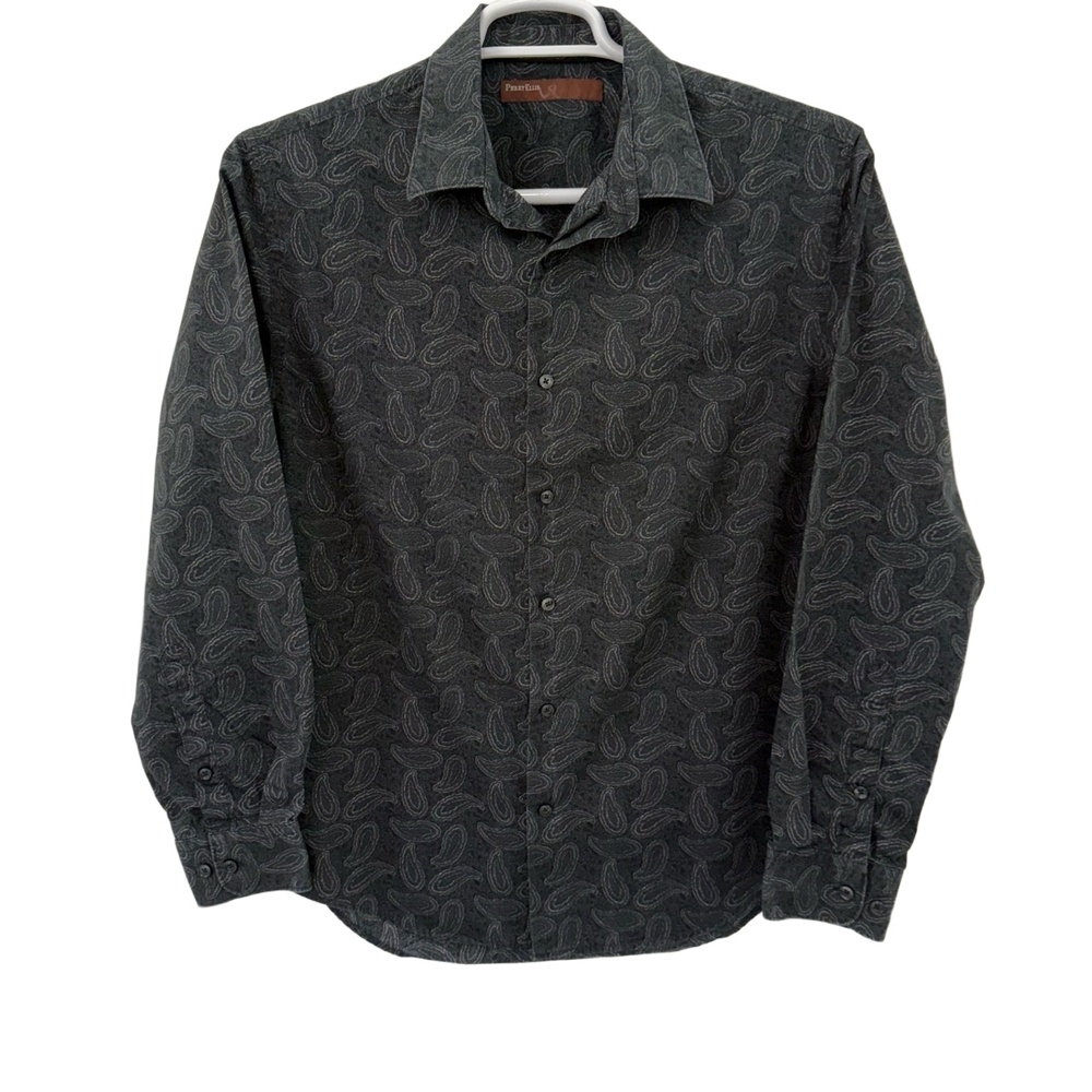 Perry Ellis Shirt Mens Large Black Paisley Formal Long Sleeve‎ Button Up
